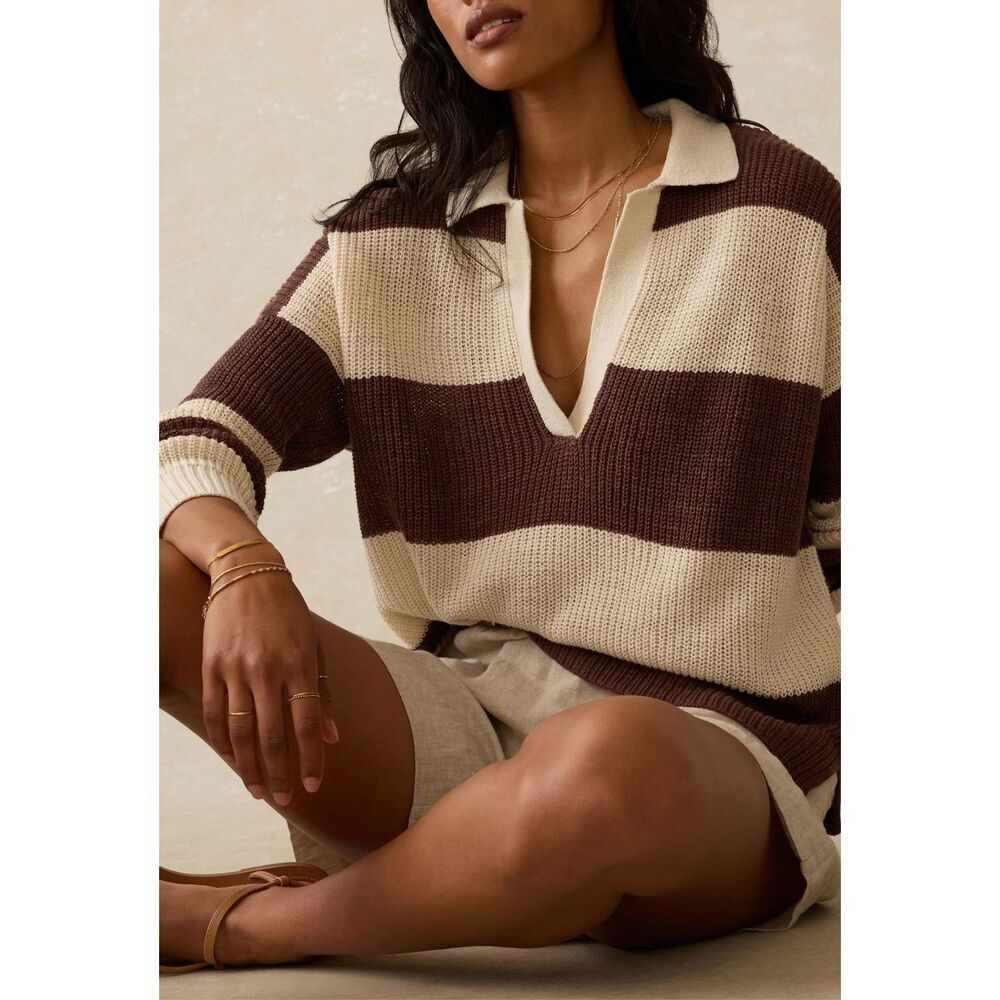 Faherty Miramar Linen Polo Sweater in Cocoa Rugby Stripe Cream, Brown Size L - Picture 3 of 12